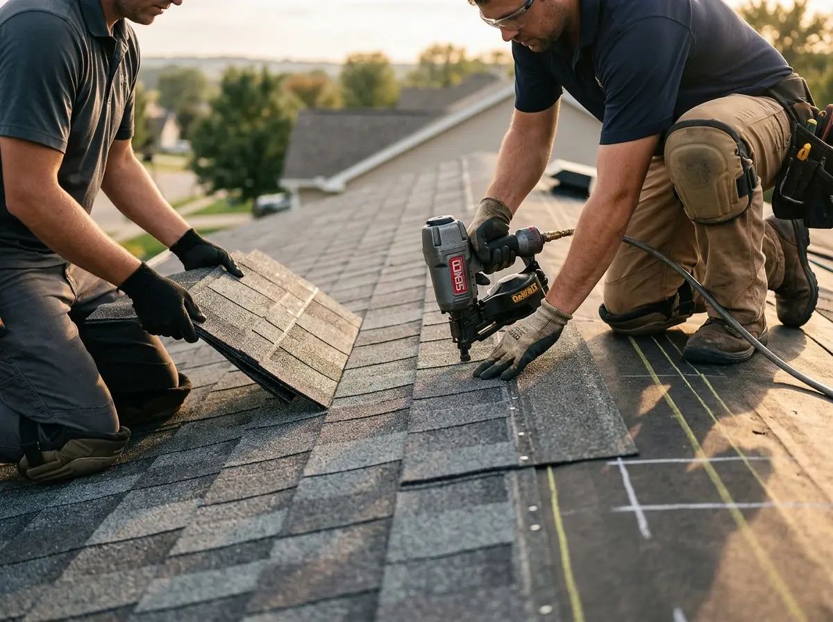 Professional roofer working on a residential roof in Chenango